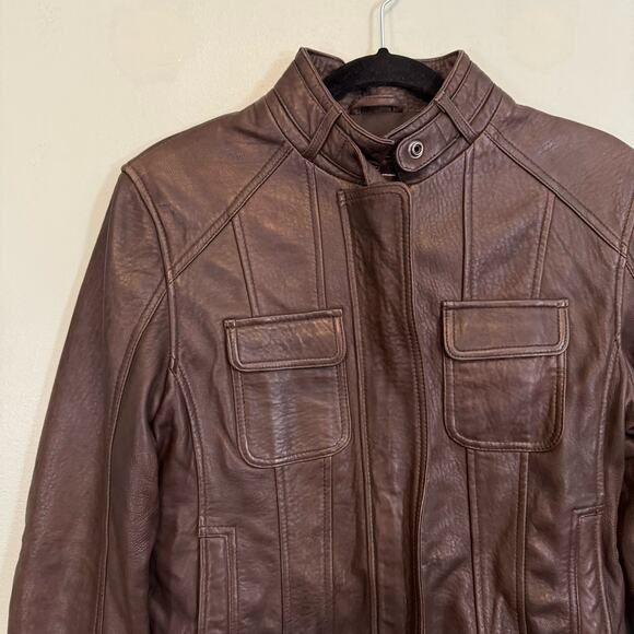 Giorgio Valentino Jacket Womens M Moto Biker Leather Mock Neck Zip Brown - Picture 3 of 10